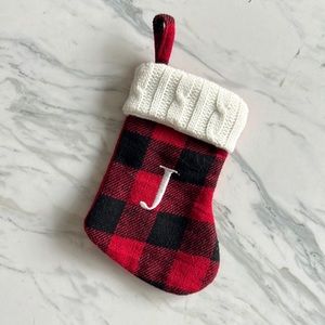 ‘J’ Letter Buffalo Plaid with Knit Trim Mini Christmas Stocking Decoration